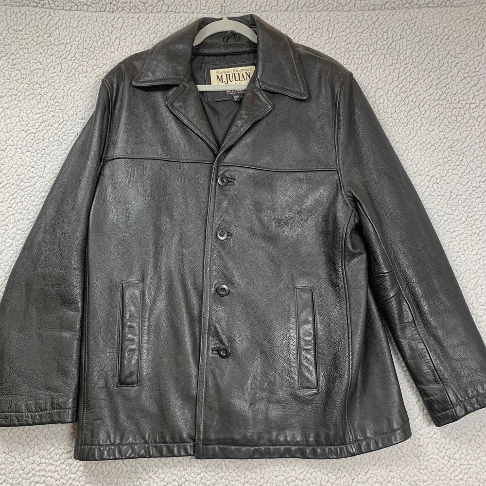 Vintage Wilsons M Julian Leather Car Coat Mens L Black Button Front Classic Y2K